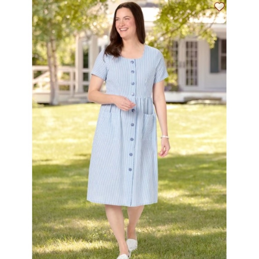 Vermont Country Store Cotton Seersucker Dress Blue White Stripe Button Front L - Picture 2 of 10